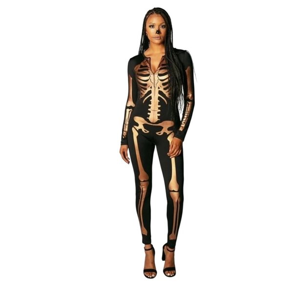 Tipsy Elves Womens Skeleton Print Costume Bodysuit S Halloween fun party event - Picture 3 of 9